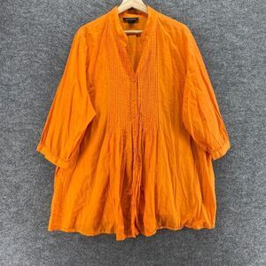 Ashley Stewart Shirt Women 24 Plus Orange Button Up V-Neck 3/4 Sleeve Cotton